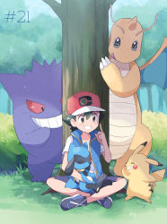 Rule 34 | &gt; &lt;, + +, 1boy, ash ketchum, bad id, bad pixiv id, baseball cap, black hair, blue jacket, blue shorts, commentary request, creature, creatures (company), dragon, dragonite, episode number, game freak, gen 1 pokemon, gen 4 pokemon, gengar, grass, grin, hat, hiding, highres, index finger raised, indian style, jacket, looking at another, male focus, mei (maysroom), nature, nintendo, on lap, pikachu, pokemon, pokemon (anime), pokemon (creature), pokemon on lap, pokemon journeys, red headwear, riolu, shirt, shorts, signature, sitting, sleeping, smile, white shirt