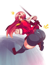Rule 34 | 1girl, ass, bike shorts, blush, breasts, curvy, female focus, from behind, hayate no gotoku!, huge ass, huge breasts, katsura hinagiku, long hair, looking at viewer, looking back, open mouth, pink hair, raion-san, school uniform, shoes, solo, sword, thick thighs, thighhighs, thighs, torn clothes, weapon, wide hips, yellow eyes
