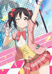 Rule 34 | 1girl, \m/, absurdres, arm up, black hair, blue sky, cloud, collared shirt, confetti, day, frilled gloves, frills, gloves, grin, hand up, highres, jacket, looking at viewer, love live!, love live! school idol project, medium hair, nico nico nii, one eye closed, outdoors, pink jacket, pink ribbon, pink skirt, pleated skirt, red eyes, ribbon, screen, shirt, short sleeves, skirt, sky, smile, solo, sparkle, thighs, tile floor, tiles, twintails, white gloves, white shirt, yazawa nico, yellow corset, zanpon