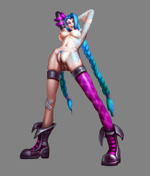 Rule 34 | 1girl, arms behind head, blue hair, boots, braid, breasts, clitoris, foreshortening, from below, full body, highres, jinx (league of legends), league of legends, lipstick, makeup, nude, pubic hair, pussy, red eyes, riot games, solo, spread legs, standing, tattoo, twin braids, uncensored, ynwswy