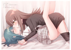 Rule 34 | 2girls, absurdres, arm up, ass, bed sheet, belt, black belt, black legwear, blue hair, blush, breasts, brown eyes, brown hair, brown sweater, clothes pull, curtains, dress, facing another, french kiss, girl on top, grey skirt, hair between eyes, highres, holding hands, interlocked fingers, kinona, kiss, legs up, long hair, long sleeves, looking at another, lying, medium breasts, multiple girls, on back, original, pantyhose, pantyhose pull, photoshop (medium), plaid, plaid skirt, profile, ribbed sweater, shirt, skirt, sweater, sweater dress, translation request, turtleneck, turtleneck sweater, white shirt, yuri