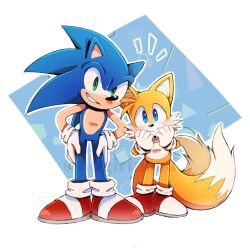 Rule 34 | 2boys, animal ears, animal nose, blue eyes, blue fur, blush, fox boy, full body, gloves, green eyes, hand on own hip, hedgehog boy, looking at viewer, male focus, misuta710, multiple boys, red footwear, smile, sonic (series), sonic the hedgehog, tails (sonic), teeth, white background, white gloves, yellow fur