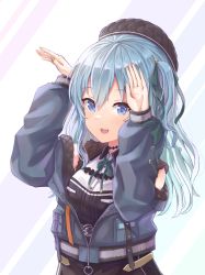Rule 34 | 1girl, asymmetrical hair, beret, black choker, black hat, black shirt, blue eyes, blue hair, blue jacket, breasts, choker, collared shirt, commentary, english commentary, green ribbon, hair between eyes, hair ribbon, hat, highres, hololive, hoshimachi suisei, hoshimachi suisei (streetwear), jacket, kaiwa, light blue hair, long hair, long sleeves, looking at viewer, medium breasts, nail polish, neck ribbon, off shoulder, open mouth, orange nails, partially unzipped, rabbit pose, ribbon, shirt, side ponytail, simple background, smile, solo, star (symbol), star in eye, striped, striped background, symbol in eye, upper body, virtual youtuber, white background