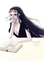 Rule 34 | 1girl, black eyes, black hair, black shirt, book, breasts, center opening, head rest, collarbone, eyelashes, eyewear on head, female focus, glasses, hair slicked back, highres, long hair, looking to the side, nico robin, one piece, open book, revealing clothes, shirt, short sleeves, simple background, solo, sunglasses, upper body, white background