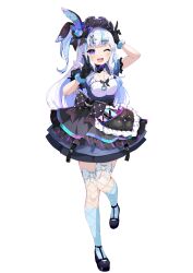 Rule 34 | 1girl, absurdres, arm up, artist request, black bow, black footwear, black gloves, black hairband, blue choker, blue hair, blue socks, bow, bow hairband, bow legwear, breasts, choker, connectopia, double v, dress, fanny pack, fishnet thighhighs, fishnets, frilled hairband, frills, fur-trimmed gloves, fur trim, gloves, hair ornament, hairband, hand up, highres, jewelry, kneehighs, lace-trimmed choker, lace trim, layered dress, light blue hair, long hair, looking at viewer, mesugaki dia, multicolored hair, necklace, official art, one eye closed, open mouth, pendant, puffy short sleeves, puffy sleeves, purple bow, purple eyes, purple hair, shoes, short sleeves, simple background, small breasts, socks, solo, standing, standing on one leg, tachi-e, teeth, thighhighs, transparent background, upper teeth only, v, virtual youtuber, white bow, white hair