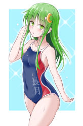 Rule 34 | 1girl, alternate costume, bare arms, bare shoulders, blue background, blush, border, breasts, character name, collarbone, commentary request, competition swimsuit, covered navel, cowboy shot, crescent, crescent hair ornament, green eyes, green hair, hair ornament, hand up, ichimi, kantai collection, long hair, looking at viewer, looking to the side, nagatsuki (kancolle), one-piece swimsuit, outside border, parted lips, small breasts, solo, sparkle, swimsuit, water drop, wet, white border