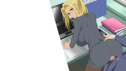 Rule 34 | 1boy, 1girl, amagi brilliant park, ashe (amaburi), blonde hair, breasts, business suit, buttjob, buttjob over clothes, censored, cottage, dark skin, formal, from behind, glasses, green eyes, highres, large breasts, long hair, pantyhose, penis, rubbing, suit