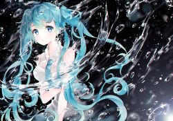 Rule 34 | 1girl, air bubble, aqua hair, bad id, bad pixiv id, blue eyes, bubble, closed mouth, floating hair, grey shirt, hatsune miku, liby (libtnvd), long hair, looking at viewer, partially submerged, shirt, sleeveless, sleeveless shirt, solo, twintails, upper body, very long hair, vocaloid, wavy hair