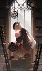 Rule 34 | 1girl, arch, beret, black bow, black dress, black footwear, black hat, blurry, book, book stack, bookshelf, bow, day, depth of field, dlgeria, dress, from side, hair bow, hair ornament, hat, highres, holding, instrument, knee up, ladder, library, light particles, long hair, long sleeves, looking at viewer, orb, original, overcast, profile, puffy long sleeves, puffy sleeves, red eyes, shoes, sideways glance, sitting, sky, solo, sunlight, two side up, very long hair, white hair, window, windowsill