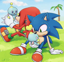 Rule 34 | blue sky, cheese (chao), cloud, coconut, gloves, grass, green eyes, heart, karlo (artist), knuckles the echidna, ocean, palm tree, running shoes, sky, socks, sonic the hedgehog, sonic (series), spikes, tail, tree, white gloves, white legwear, wings