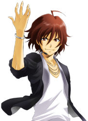 Rule 34 | 10s, 1boy, amagase touma, bracelet, brown hair, idolmaster, idolmaster (classic), idolmaster 2, jewelry, looking at viewer, male focus, necklace, nekomaru, simple background, smile, solo, upper body, white background