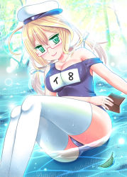 Rule 34 | 10s, 1girl, aqua eyes, blonde hair, book, glasses, hat, i-8 (kancolle), izumi shara, kantai collection, long hair, looking at viewer, one-piece swimsuit, partially submerged, personification, school swimsuit, smile, solo, swimsuit, thighhighs, twintails, white thighhighs
