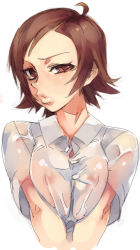 Rule 34 | 1girl, bad id, bad pixiv id, breasts squeezed together, breasts, brown eyes, brown hair, heisa, kazama asuka, nipples, see-through, shirt, solo, tekken, wet, wet clothes, wet shirt, white shirt