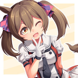 Rule 34 | 1girl, ;d, animal ears, arm behind back, black neckerchief, blush, bow, breasts, brown eyes, brown hair, buttons, commentary request, cosplay, cowboy shot, double-breasted, gloves, hair between eyes, hair bow, hair ornament, highres, horse ears, horse girl, horse tail, kantai collection, long hair, looking at viewer, medium breasts, naka (kancolle), naka (kancolle) (cosplay), naka kai ni (kancolle), neckerchief, one eye closed, open mouth, puffy short sleeves, puffy sleeves, sailor collar, shirt, short sleeves, sidelocks, skirt, smart falcon (umamusume), smile, solo, standing, tail, trait connection, twintails, umamusume, v, white gloves, white sailor collar, white skirt, yasume yukito