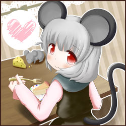 Rule 34 | 1girl, animal ears, bad id, bad pixiv id, cake, capelet, cheese, cocozasa, dress, female focus, food, grey hair, heart, mouse (animal), mouse ears, mouse tail, nazrin, pie, plate, red eyes, ribbon, short hair, sitting, smile, solo, tail, touhou, ufo
