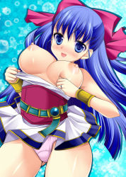 Rule 34 | 1girl, blue eyes, blue hair, blush, bow, bracelet, breasts, breasts out, dragon quest, dragon quest v, flora (dq5), hair bow, half updo, jewelry, large breasts, long hair, matching hair/eyes, nipples, panties, pantyshot, ring, sakura hanatsumi, skirt, solo, underwear, upskirt