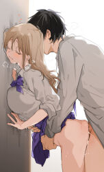 Rule 34 | 1boy, 1girl, against wall, ass ripple, black hair, blush, bow, bowtie, breast press, breasts, breath, brown hair, closed eyes, doggystyle, heart, hetero, highres, large breasts, nonoyama, original, purple bow, purple bowtie, purple skirt, pussy juice, school uniform, sex, sex from behind, skirt, standing, standing sex, torso grab, white background
