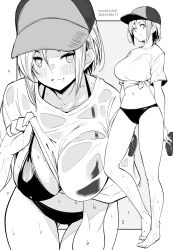Rule 34 | 1girl, artist name, barefoot, bikini, bikini under clothes, blush, breasts, closed mouth, clothes lift, collarbone, commentary request, dated, grey background, greyscale, hat, highres, holding, holding clothes, holding footwear, kichihachi, large breasts, lifting own clothes, looking at viewer, monochrome, multiple views, navel, original, sandals, shirt, shirt lift, short hair, simple background, smile, standing, swimsuit, tied shirt, toes, two-tone background, wet, wet clothes, wet shirt, white background