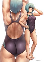 Rule 34 | 1girl, aqua eyes, ass, barefoot, black one-piece swimsuit, blue hair, breasts, collarbone, commentary request, competition swimsuit, covered navel, cowboy shot, finalcake, from behind, full body, hand on own hip, lips, multiple views, one-piece swimsuit, parted lips, sei asagiri, short hair, small breasts, standing, swimsuit, va-11 hall-a, white background, zoom layer