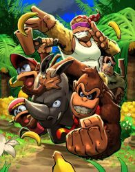 Rule 34 | 1girl, 5boys, animal ears, animal focus, ape, banana, beard, blonde hair, brown fur, clenched hand, cranky kong, day, diddy kong, dixie kong, donkey kong, donkey kong (series), facial hair, food, fruit, funky kong, furry, furry male, gorilla, grabbing, grabbing from behind, grin, index finger raised, jungle, leaf, looking up, multiple boys, muscular, nature, necktie, nintendo, open mouth, outdoors, palm tree, plant, rambi, red necktie, rhinoceros, smile, solo, tighesam, tree