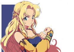 Rule 34 | 1girl, bare shoulders, blonde hair, blue eyes, blue shirt, breasts, celes chere, cleavage, clenched hand, detached sleeves, final fantasy, final fantasy vi, furrowed brow, hair ornament, long hair, long sleeves, looking at viewer, medium breasts, parted bangs, parted lips, puffy long sleeves, puffy sleeves, shirt, sidelocks, solo, togyawa02, vest, wavy hair, yellow sleeves, yellow vest
