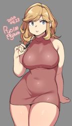 Rule 34 | 1girl, 2020, agawa ryou, artist name, bare shoulders, blonde hair, blue eyes, breasts, brown dress, commentary, curvy, dated, dress, grey background, large breasts, looking at viewer, original, pen, short hair, signature, simple background, solo, wide hips