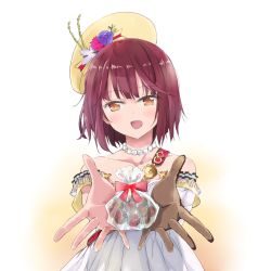 Rule 34 | 1girl, atelier (series), atelier sophie, bad id, bad pixiv id, brown eyes, brown hair, chocolate, collarbone, dress, female focus, flower, gloves, hair flower, hair ornament, hat, incoming gift, jewelry, looking at viewer, maromi (am97), necklace, open mouth, single glove, smile, solo, sophie neuenmuller, valentine, white dress