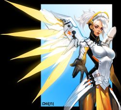 Rule 34 | 1girl, bad id, bad tumblr id, blonde hair, blue eyes, breasts, halo, high ponytail, large breasts, looking at viewer, lsr, mechanical halo, mechanical wings, mercy (overwatch), overwatch, overwatch 1, pantyhose, ponytail, solo, spread wings, wings, yellow wings