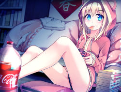 Rule 34 | 1girl, animal hood, ass, bed, blanket, blonde hair, blue eyes, blurry, book, book stack, bottle, coke bottle, controller, depth of field, dutch angle, eyebrows, food in mouth, game controller, highres, holding, hood, hooded jacket, indoors, jacket, long sleeves, looking at viewer, md5 mismatch, mouth hold, new year, no pants, on floor, original, panties, unworn panties, partially visible vulva, pillow, playing games, shade, shorts, unworn shorts, sitting, soda, soda bottle, solo, underwear, upshorts, white panties, white shorts, wooden floor, yan (nicknikg)
