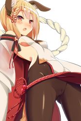 Rule 34 | 1girl, 9law, animal ears, bare shoulders, black pantyhose, blonde hair, blush, braid, breasts, cameltoe, cleft of venus, commentary request, covered erect nipples, detached sleeves, dog ears, erune, fang, gluteal fold, granblue fantasy, japanese clothes, long sleeves, looking to the side, no panties, open mouth, pantyhose, pelvic curtain, rope, shimenawa, short hair, sideboob, simple background, small breasts, smile, solo, vajra (granblue fantasy), white background, wide sleeves