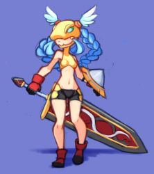 Rule 34 | 1girl, black shorts, blue background, blue hair, boots, braid, breasts, brown footwear, covered eyes, crop top, digimon, drantyno, gloves, helmet, highres, holding, long hair, midriff, minervamon, navel, red gloves, shield, shirt, shorts, small breasts, standing, sword, twin braids, weapon, winged helmet, yellow shirt