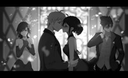Rule 34 | 2boys, 2girls, blush, bride, brother and sister, dishwasher1910, dress, closed eyes, greyscale, groom, highres, husband and wife, imminent kiss, kiss, monochrome, multiple boys, multiple girls, qrow branwen, raven branwen, rwby, siblings, summer rose, taiyang xiao long, tsundere, wedding, wedding dress