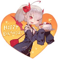 Rule 34 | 1girl, ;d, ahoge, albino, alternate hairstyle, bag, bare shoulders, belt collar, birthday cake, cake, character name, collar, commentary request, curled horns, demon girl, demon horns, demon wings, dyed ahoge, english text, fang, food, food on face, grey hair, handbag, happy birthday, heart, highres, holding, holding cake, holding food, horns, in food, lack, leash, looking at viewer, makaino ririmu, mini person, minigirl, multicolored hair, nijisanji, off shoulder, official art, one eye closed, open mouth, plate, pointy ears, red bag, red collar, red eyes, red horns, red wings, shiina yuika, sleeves past fingers, sleeves past wrists, smile, solo, strawberry shortcake, streaked hair, twintails, upper body, very long sleeves, virtual youtuber, wings, zipper, zipper pull tab