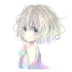 Rule 34 | 1girl, bare shoulders, camisole, child, dress, koneko mari, looking at viewer, lying, on side, pale skin, short hair, silver hair, simple background, solo