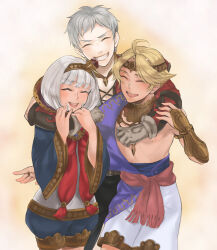 1girl 2boys ano_(sbee) blonde_hair closed_eyes gensou_suikoden gensou_suikoden_tierkreis gloves group_hug hair_ornament half-siblings happy hug manaril_(suikoden) multiple_boys shams_(suikoden) smile tan white_hair