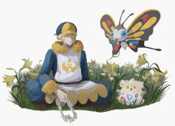 Rule 34 | 1boy, beautifly, blonde hair, blue jumpsuit, boots, brown footwear, closed mouth, commentary request, creatures (company), flower, game freak, gen 2 pokemon, gen 3 pokemon, grass, grey eyes, hair over one eye, hat, highres, holding, jumpsuit, long sleeves, male focus, nintendo, pokemon, pokemon (creature), pokemon legends: arceus, short hair, sitting, smile, togepi, volo (pokemon), white background, yellow flower, yellow headwear, yj0i0