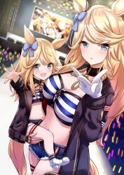 Rule 34 | 2girls, :d, aged down, animal ears, bandeau, black choker, black jacket, blonde hair, blue eyes, blush, boots, breasts, choker, cleavage, commentary request, cowboy shot, denim, denim shorts, dual persona, gloves, gold city (umamusume), hand up, herohero (higashi no dou), highres, horse ears, jacket, large breasts, long hair, long sleeves, looking at viewer, midriff, multiple girls, navel, open clothes, open jacket, open mouth, parted lips, short shorts, shorts, smile, standing, stomach, strapless, striped bandeau, swept bangs, thigh strap, thighs, tube top, umamusume, white footwear, white gloves