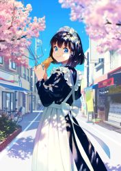 Rule 34 | 1girl, apron, black hair, blue eyes, blue sky, blush, cherry blossoms, city, clear sky, dappled sunlight, eating, food, from side, highres, looking at viewer, looking to the side, maeya susumu, maid, maid apron, maid headdress, original, outdoors, short hair, sky, solo, standing, sunlight, taiyaki, town, wagashi