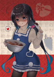 Rule 34 | 1girl, :q, ahoge, austria, austrian flag, black hair, black pantyhose, blue dress, blue eyes, blue hair, blush, bottle, bowl, brown shirt, chocolate, closed mouth, dress, frilled dress, frills, gradient hair, gyozanuko, heart, highres, hinatsuru ai, holding, holding bowl, long hair, long sleeves, looking at viewer, low twintails, mixing bowl, multicolored hair, pantyhose, ryuuou no oshigoto!, shaded face, shirt, sidelocks, sleeveless, sleeveless dress, smile, solo, spatula, spoken heart, tongue, tongue out, translation request, twintails, valentine, very long hair, yandere