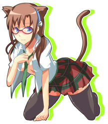 Rule 34 | 00s, 1girl, all fours, animal ears, arm support, bad id, bad pixiv id, black thighhighs, blue eyes, brown hair, evangelion: 2.0 you can (not) advance, glasses, hairband, makinami mari illustrious, necktie, neon genesis evangelion, ntapopo, open clothes, open shirt, plaid, plaid skirt, poponta mitsuki, rebuild of evangelion, school uniform, shirt, skirt, solo, tail, thighhighs, twintails, zettai ryouiki