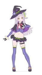 1girl, animated, bangs, black gloves, black skirt, blunt bangs, breasts, capelet, closed mouth, enkyo yuuichirou, full body, gloves, grey hair, hair bun, hat, hat ribbon, hololive, long hair, long sleeves, looking away, looking to the side, microskirt, midriff, murasaki shion, navel, one side up, pinstripe pattern, pinstripe shirt, pleated skirt, purple legwear, purple shirt, ribbon, shirt, simple background, skirt, small breasts, smile, solo, standing, stomach, striped, striped legwear, striped shirt, swaying, thigh strap, thighhighs, thighs, ugoira, vertical-striped shirt, vertical stripes, virtual youtuber, white background, witch hat, yellow eyes