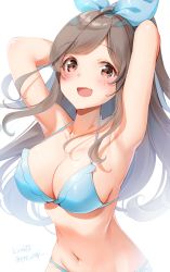 Rule 34 | 1girl, armpits, arms behind head, arms up, bare shoulders, bikini, blue bikini, blue bow, blush, bow, breasts, brown eyes, brown hair, cleavage, collarbone, hair bow, highres, idolmaster, idolmaster shiny colors, kinako (shiratama mochi), large breasts, long hair, looking at viewer, navel, open mouth, simple background, smile, solo, swept bangs, swimsuit, tsukioka kogane, twitter username, white background