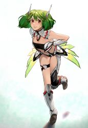 Rule 34 | 1girl, bent over, brown eyes, collar, cosplay, gauntlets, green hair, highres, looking at viewer, macross, macross frontier, mecha musume, mechanical ears, mechanical skirt, armored boots, pote-mm, ranka lee, short hair, solo, thigh strap