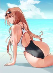 Rule 34 | 1girl, arm support, ass, black one-piece swimsuit, breasts, brown hair, competition swimsuit, curvy, goddess of victory: nikke, goggles, goggles on head, highleg, highleg swimsuit, highres, huge ass, large breasts, long hair, lying, multicolored clothes, multicolored swimsuit, ninchan, ocean, one-piece swimsuit, orange eyes, rapi (classic vacation) (nikke), rapi (nikke), shiny skin, sitting, skindentation, sky, smile, solo, swimsuit, water, white one-piece swimsuit, wide hips