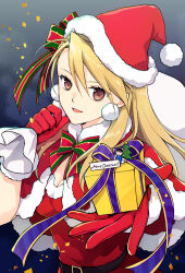 Rule 34 | 1girl, :d, alternate costume, bag, belt, blonde hair, breasts, brown eyes, chibi, christmas, christmas present, commentary, dress, earrings, fullmetal alchemist, fur-trimmed dress, fur trim, gift, gloves, hair ornament, hat, highres, holding, holding bag, holding gift, jewelry, long hair, looking at viewer, medium breasts, open mouth, red dress, red hat, riza hawkeye, roy mustang, santa dress, santa hat, smile, solo, takafuji yuna
