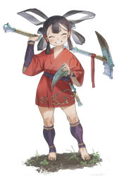 Rule 34 | 1girl, closed eyes, dirt, dirty, dirty feet, dirty hands, grin, hair rings, highres, hoe, japanese clothes, kimono, long hair, red kimono, sakuna-hime, sickle, smile, soosaresu, tensui no sakuna-hime, white background
