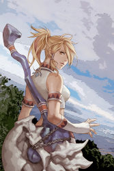 Rule 34 | 1girl, armband, bad id, bad pixiv id, blonde hair, capcom, chain, character request, crop top, detached sleeves, eriya-j, fingerless gloves, gloves, hair over one eye, hair tubes, looking at viewer, looking back, monster hunter (series), ponytail, sky, smile, solo, war hammer, warhammer, weapon, yellow eyes