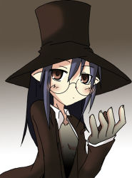 Rule 34 | 1girl, black hair, blush, female focus, flat chest, glasses, gradient background, hat, hitsugi katsugi no kuro, kuro (hitsugi katsugi no kuro), nabeshima ryo, open clothes, open hand, open shirt, pointy ears, red eyes, shirt, solo, white background, witch hat