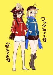 Rule 34 | 2girls, ahoge, artoria pendragon (fate), bad id, bad pixiv id, barefoot, baseball cap, black hair, black headwear, black shorts, blonde hair, blue jacket, blue scarf, boots, breasts, brown footwear, closed eyes, closed mouth, cosplay, cross-laced footwear, family crest, fate/grand order, fate (series), feet, full body, green eyes, hair through headwear, hands in pockets, hat, headphones, headphones around neck, highres, jacket, knee boots, kodamari, lace-up boots, legs, long hair, miniskirt, multiple girls, mysterious heroine x (fate), mysterious heroine x (fate) (cosplay), oda nobunaga (fate), oda nobunaga (koha-ace), oda nobunaga (swimsuit berserker) (fate), oda nobunaga (swimsuit berserker) (first ascension) (fate), oda uri, peaked cap, ponytail, red jacket, rojiura satsuki: chapter heroine sanctuary, scarf, shorts, simple background, skirt, smile, track jacket, translation request, white skirt, yellow background