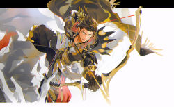 Rule 34 | 1boy, arrow (projectile), attack, bow (weapon), brown hair, buckle, cape, claude von riegan, fire emblem, fire emblem: three houses, floating cape, gold trim, gotou (pixiv37128), green eyes, high collar, incoming attack, pants, long sleeves, nintendo, pants, short hair, simple background, tassel, weapon